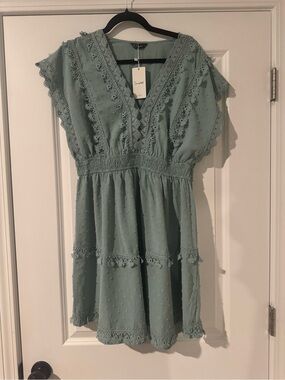 Simple Sage Green Lace-Trim Mini Dress